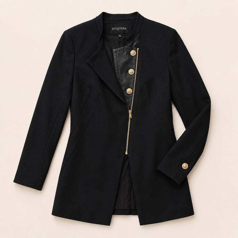 ETCETERA Black Leather Trim Asymmetric Zip Jacket Gold Button Accents Designer 4